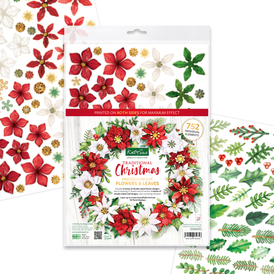 Katy Sue Traditional Christmas Die Cut Flowers & Leaves, 12 sheets