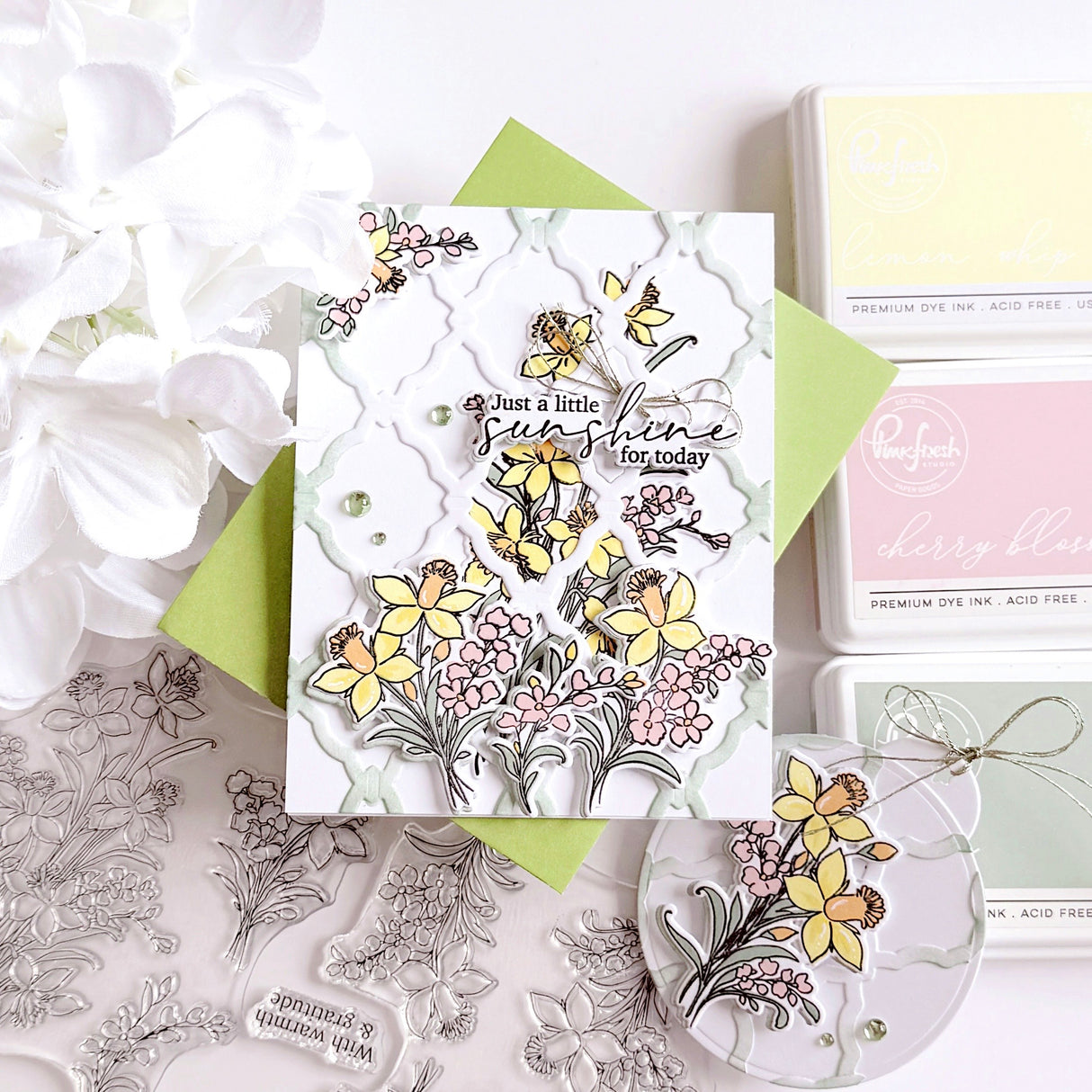 Pinkfresh Studio Whispering Daffodils stamp, die, Stencil and Washi Bundle