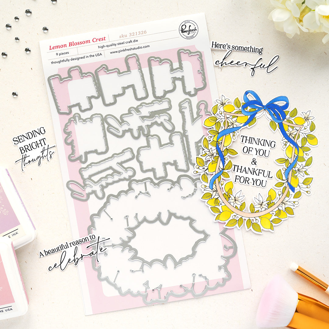 Pinkfresh Studio Lemon Blossom Crest Stamp / die/ Stencil Bundle