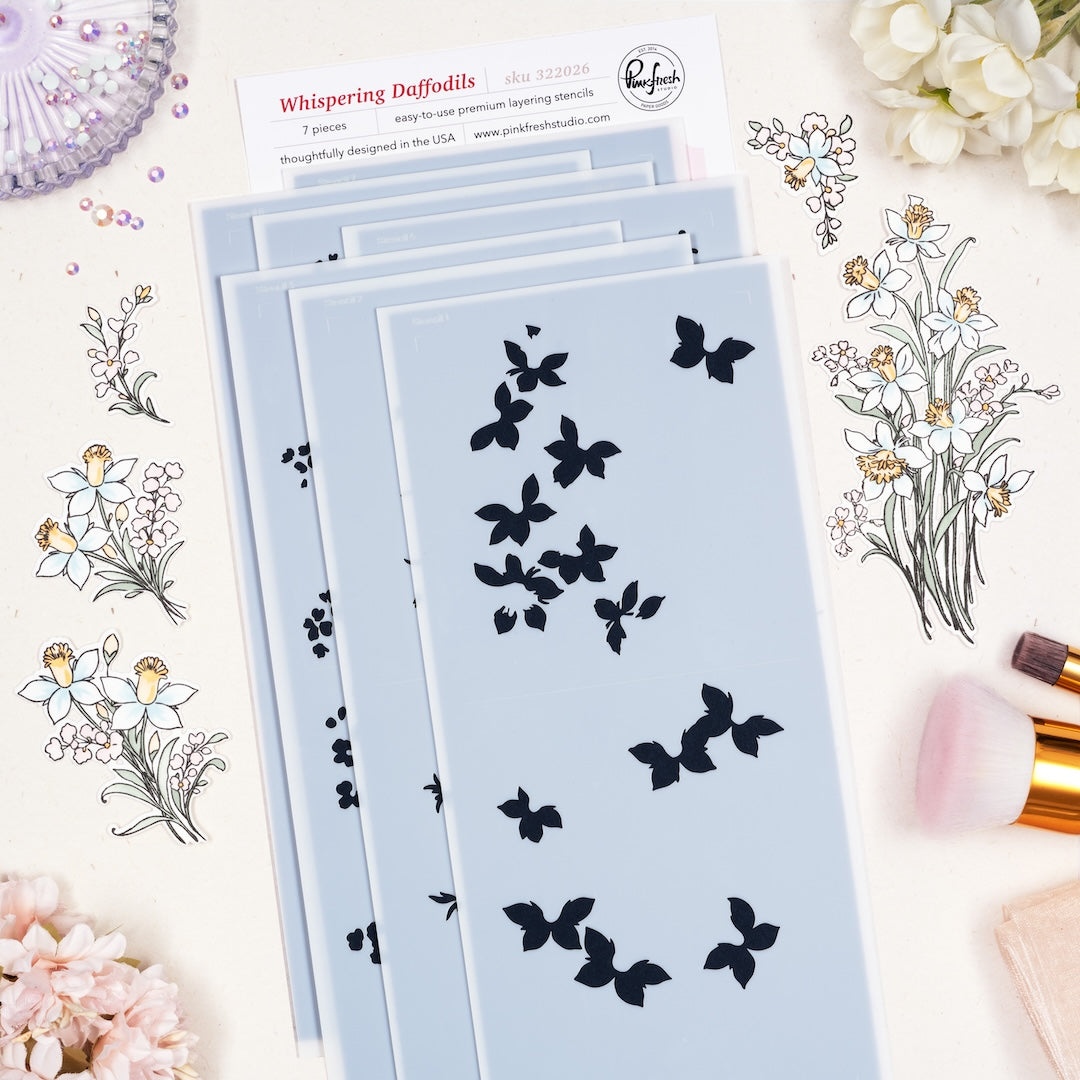 Pinkfresh Studio Whispering Daffodils stamp, die, Stencil and Washi Bundle