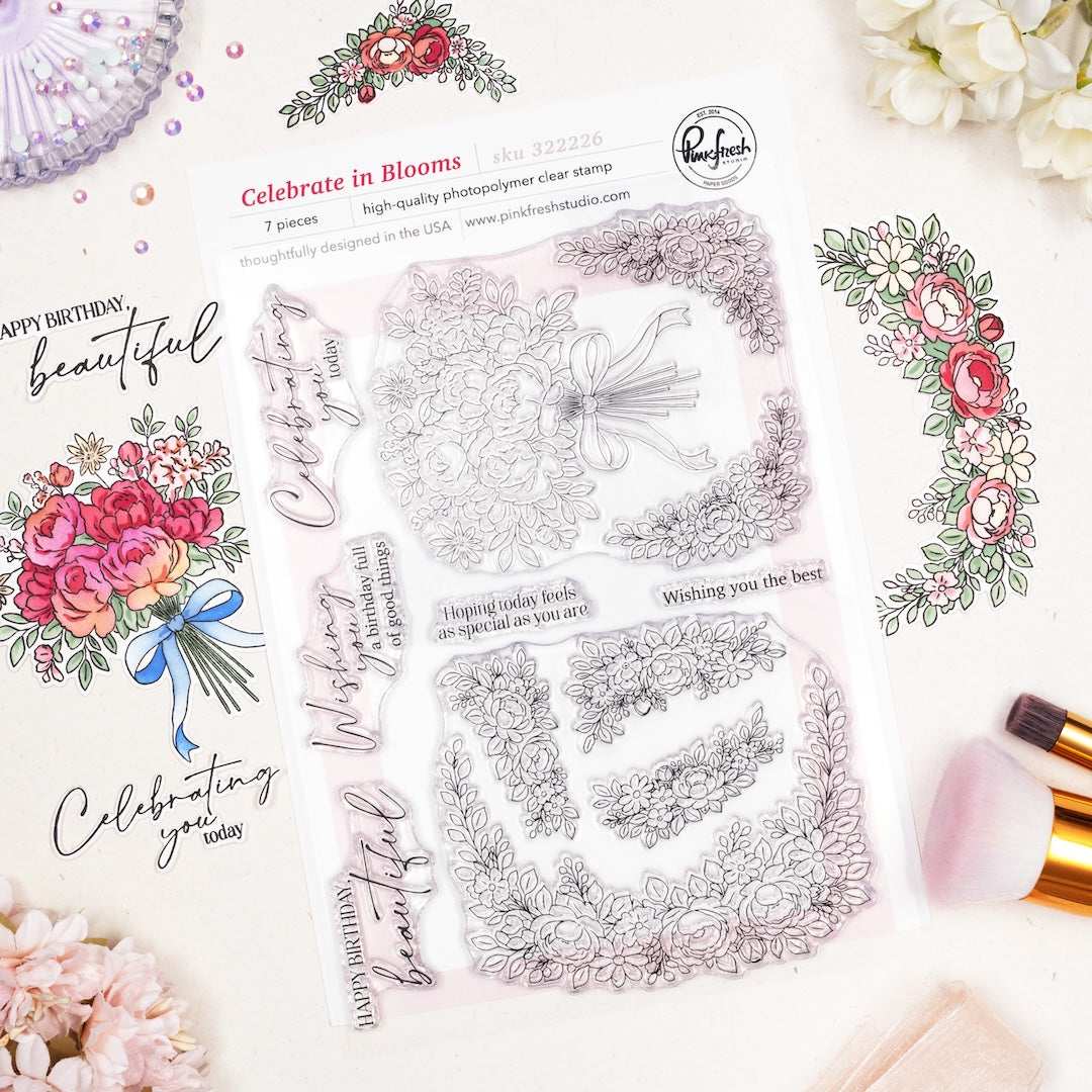 Pinkfresh Studio Celebrate in Blooms stamp, Die, Stencil and Washi Bundle