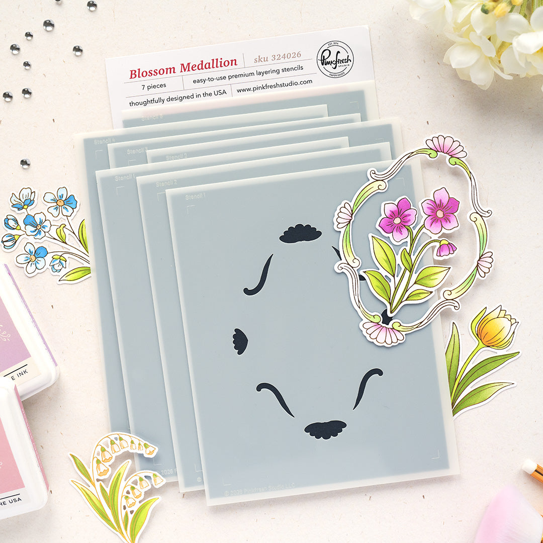 Pinkfresh Studio Blossom Medallion Stamp / Die/ Stencil Bundle