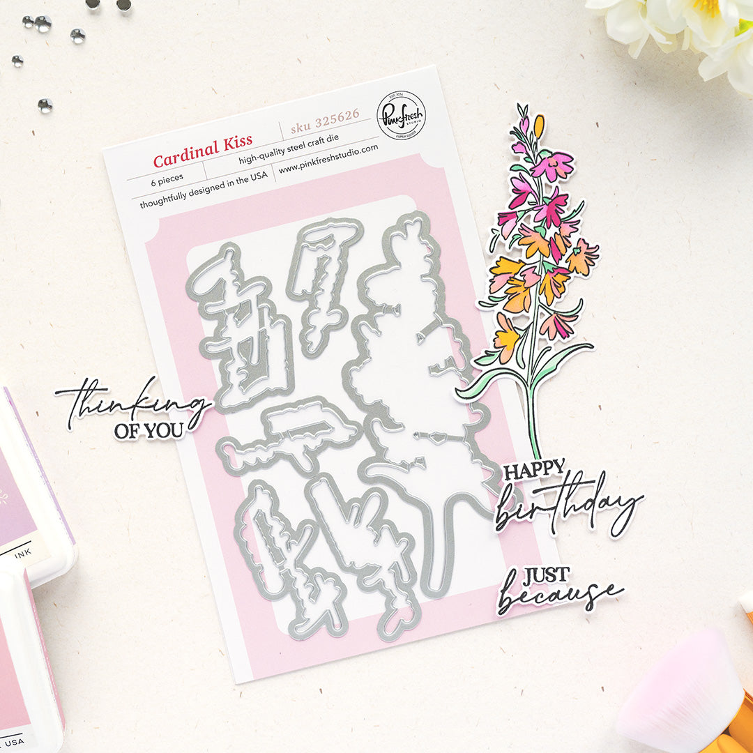 Pinkfresh Studio Cardinal Kiss Stamp / Die/ Stencil Bundle