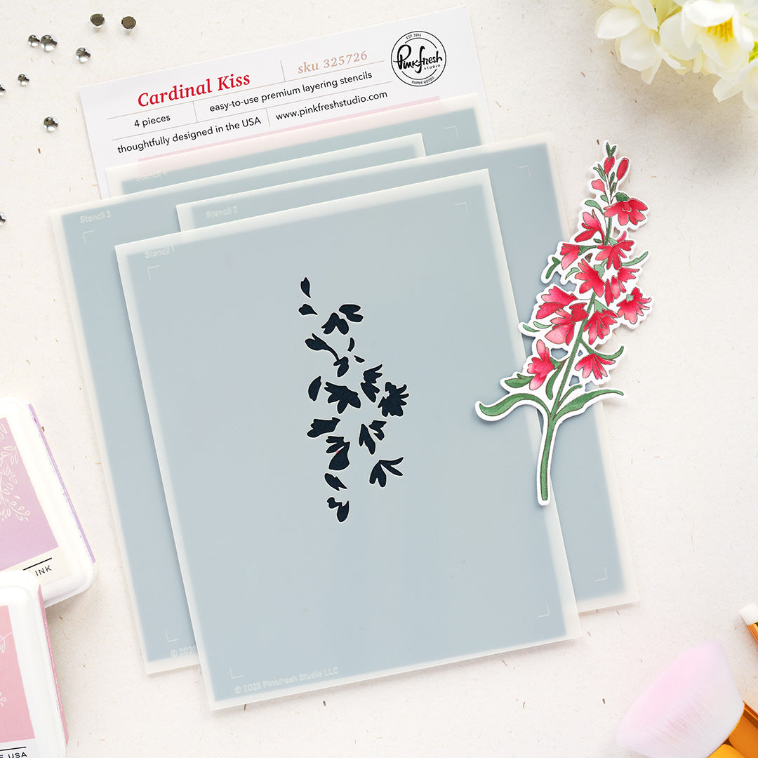 Pinkfresh Studio Cardinal Kiss Stamp / Die/ Stencil Bundle