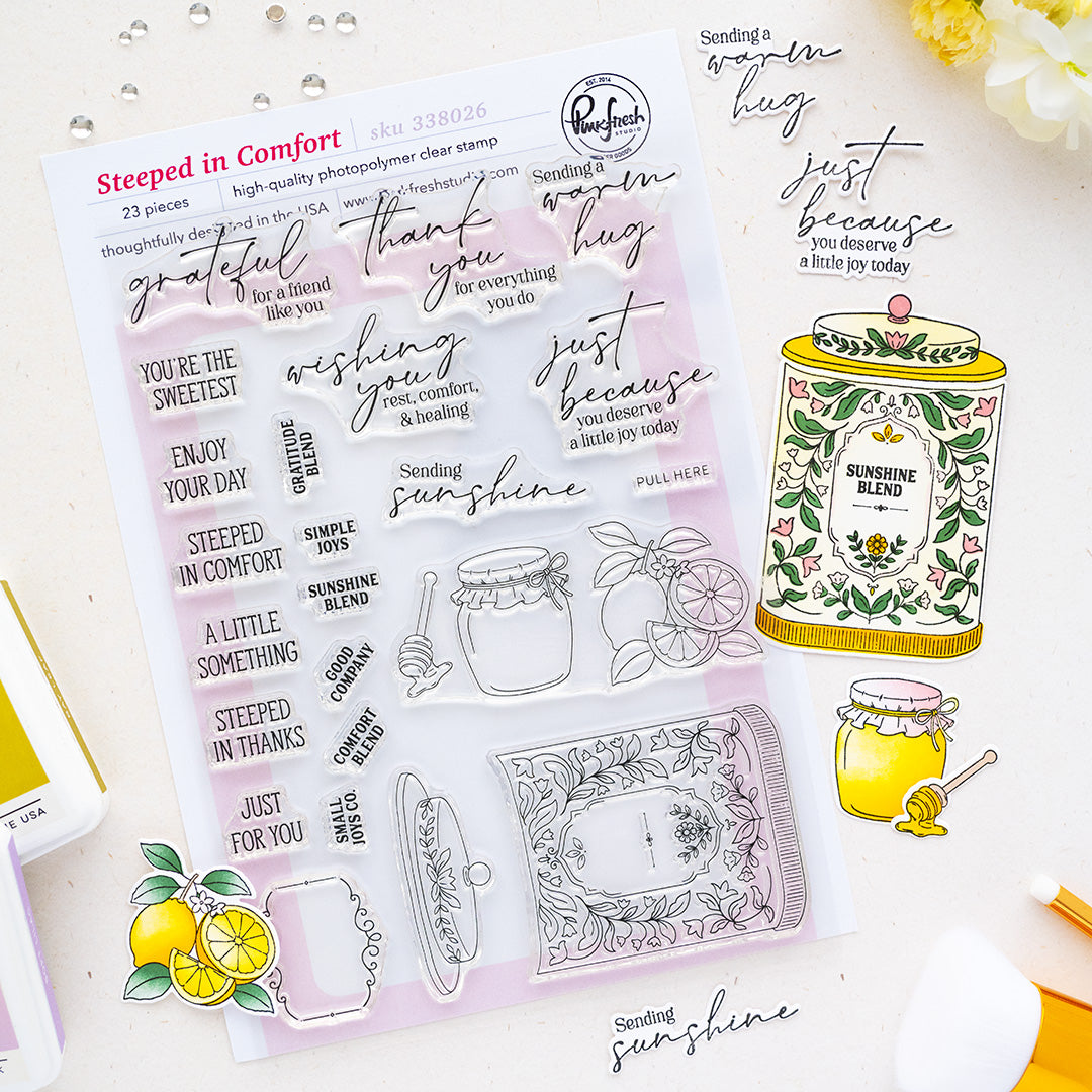 Pinkfresh Studio Steeped in Comfort stencil stamp and die