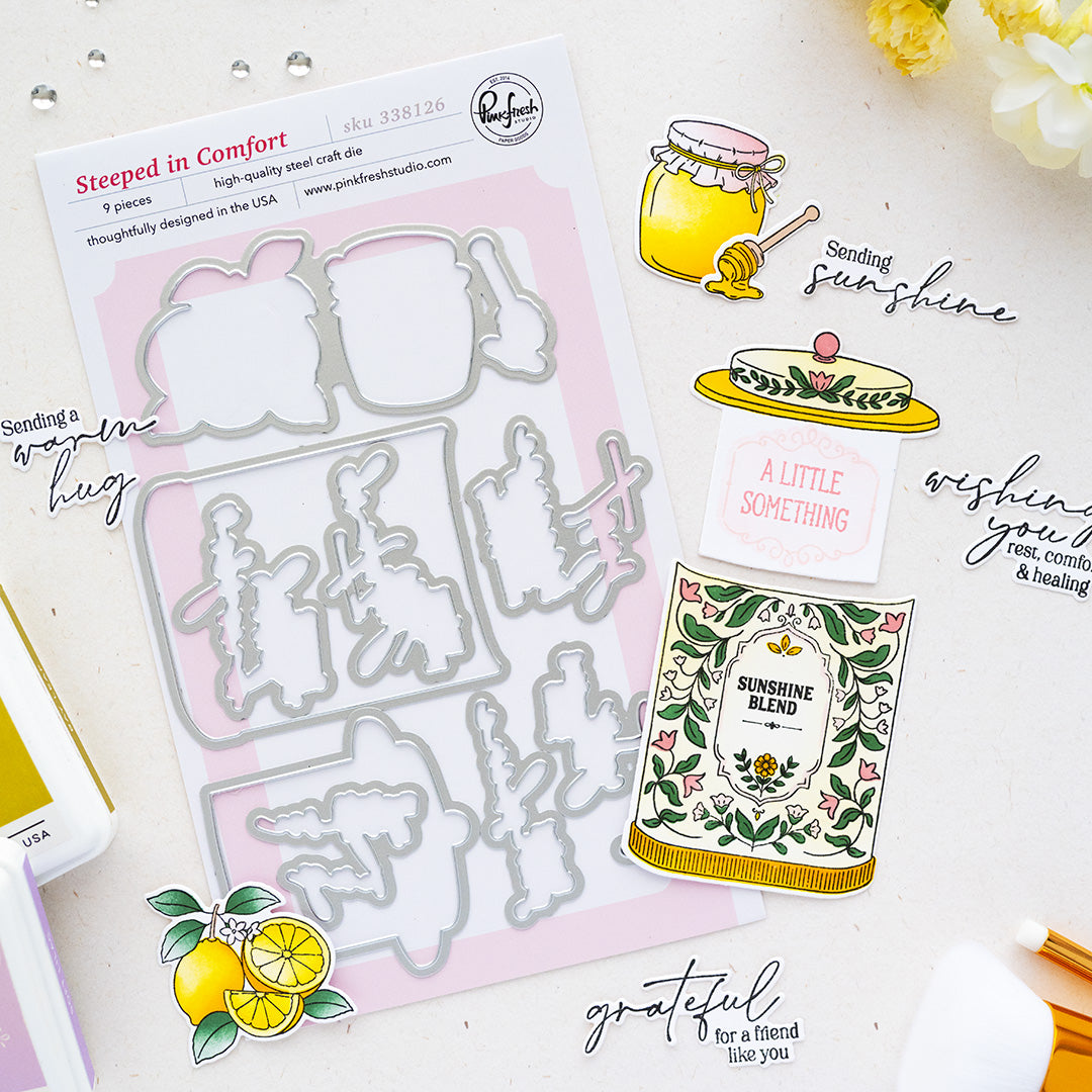Pinkfresh Studio Steeped in Comfort stencil stamp and die