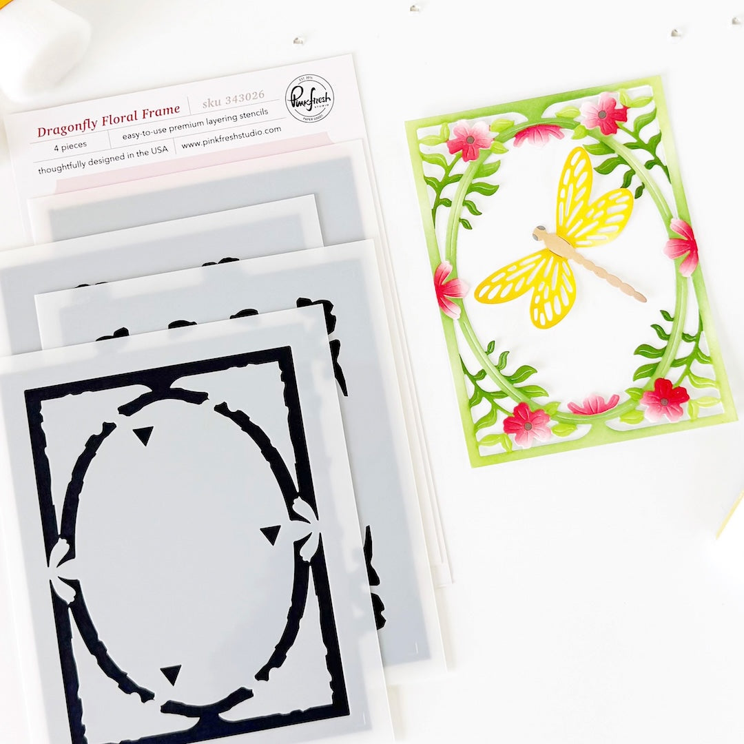 Pinkfresh Studio Dragonfly Floral Frame Coverplate Die & Stencil Bundle