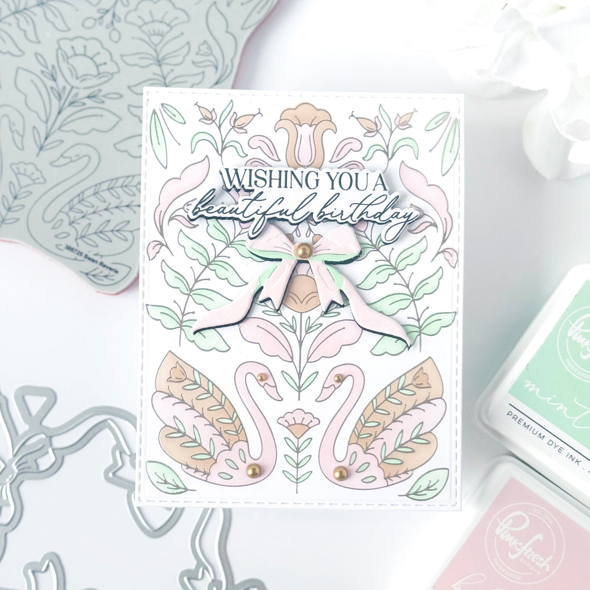 Pinkfresh Studio Swan Reverie cling stamp / Stencil / Press Plate Bundle