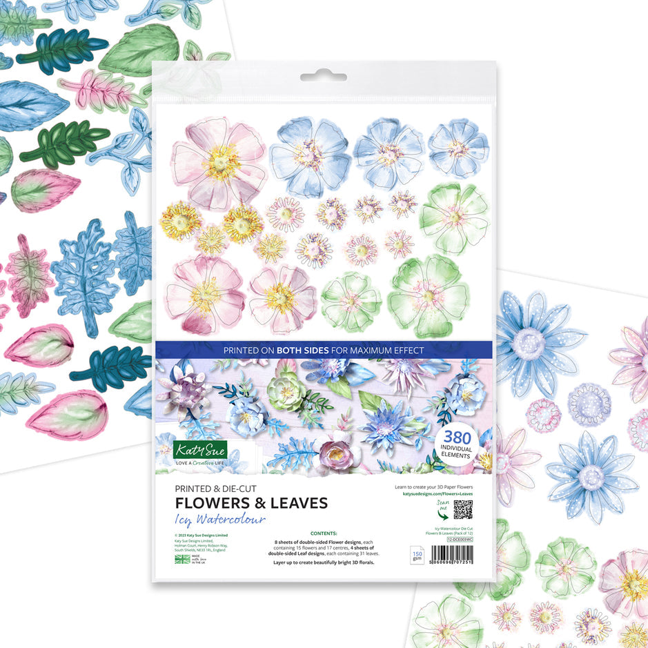 Katy Sue Icy Watercolour Die Cut Flowers & Leaves (12 sheets)