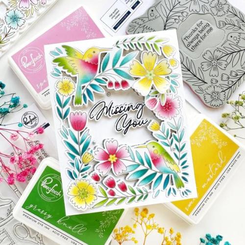 Pinkfresh Studio Happy Hummingbirds cling stamp/die/stencil/press plate bundle