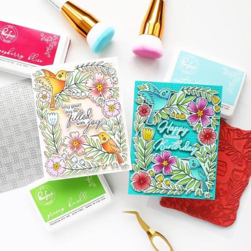 Pinkfresh Studio Happy Hummingbirds cling stamp/die/stencil/press plate bundle