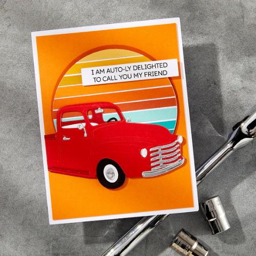 Spellbinders Cruisin' By Sentiments Clear Stamp & Die Set from the Classic Road Legends Collection by Mindy Eggen