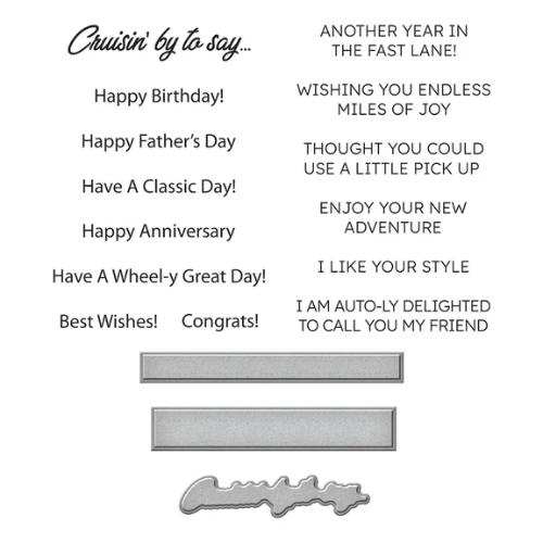 Spellbinders Cruisin' By Sentiments Clear Stamp & Die Set from the Classic Road Legends Collection by Mindy Eggen