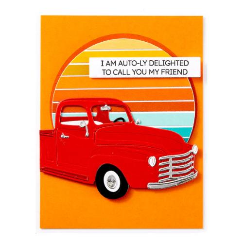 Spellbinders Cruisin' By Sentiments Clear Stamp & Die Set from the Classic Road Legends Collection by Mindy Eggen