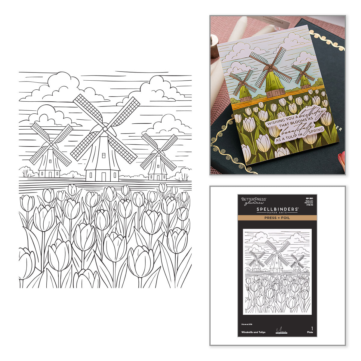 Spellbinders Windmills and Tulips Press + Foil Plate and Stencil Bundle by Yana Smakula
