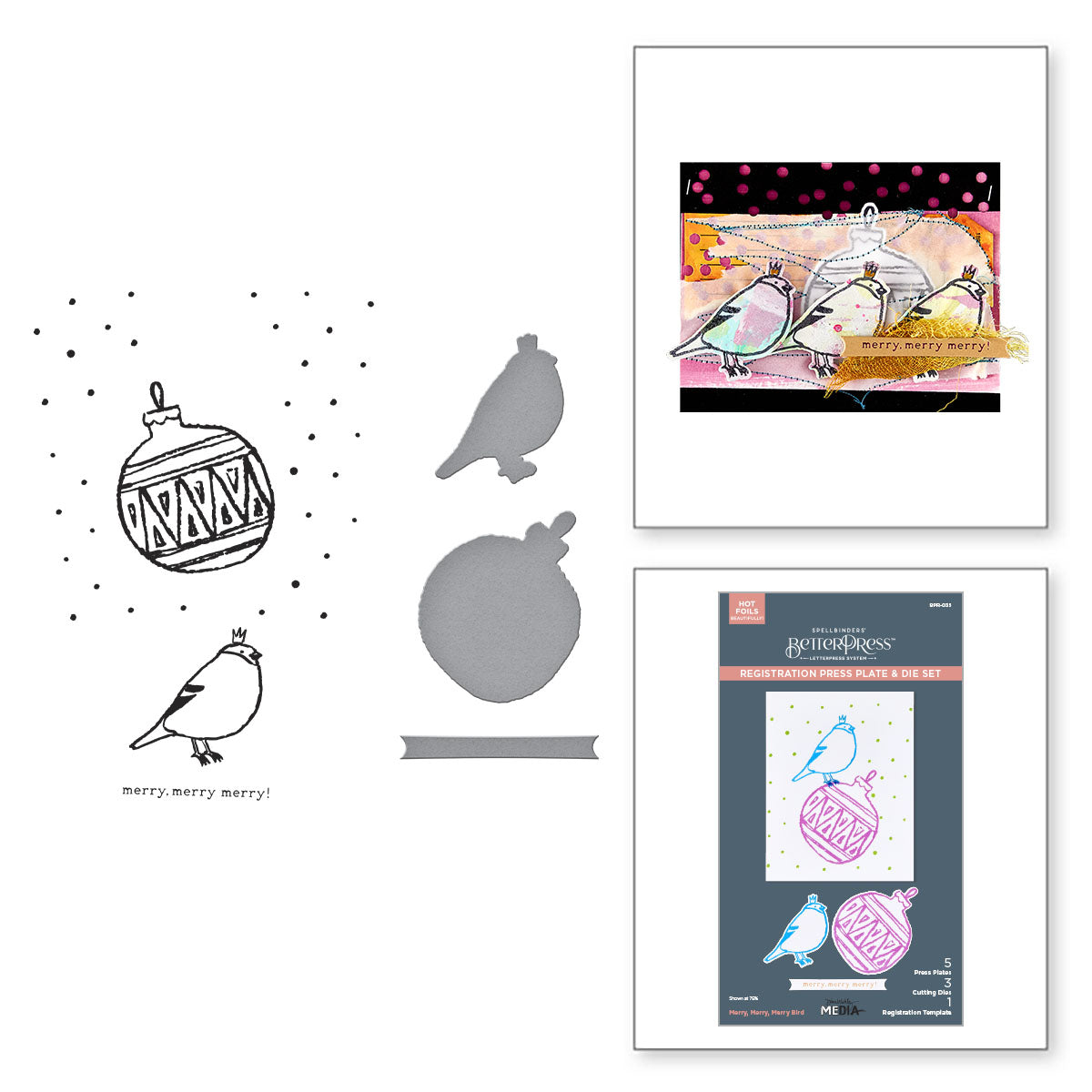 Spellbinders Merry, Merry, Merry Bird Registration Press Plate & Die Set from the Starry Holiday Collection by Dina Wakley