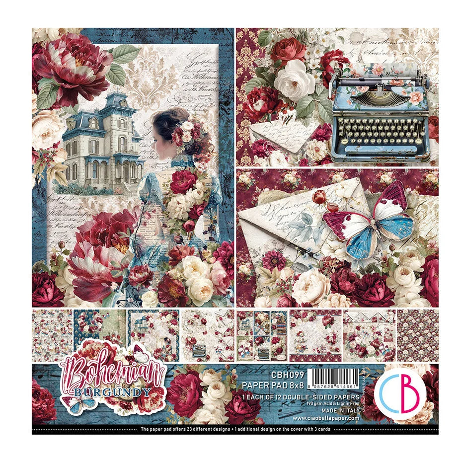 Ciao Bella Bohemian Burgundy 8x8 Inch Paper Pad (12pcs) - CBH099