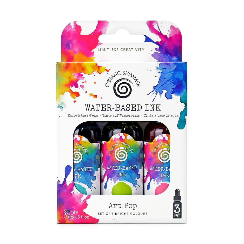 Katy Sue Designs Andy Skinner Cosmic Shimmer Art Pop Water-Based Inks – Set of 3 (Bright Colours)