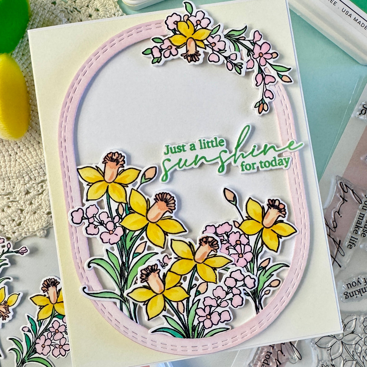 Pinkfresh Studio Whispering Daffodils stamp, die, Stencil and Washi Bundle