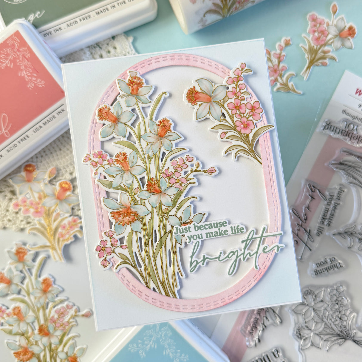 Pinkfresh Studio Whispering Daffodils stamp, die, Stencil and Washi Bundle