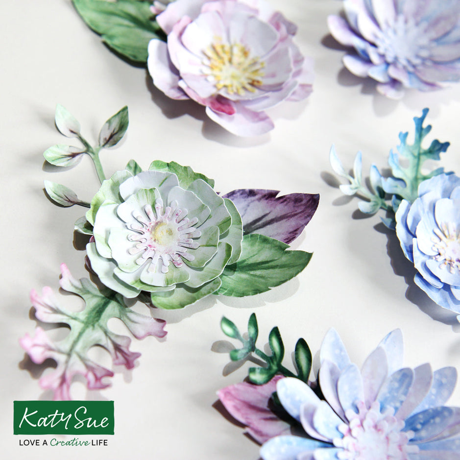 Katy Sue Icy Watercolour Die Cut Flowers & Leaves (12 sheets)