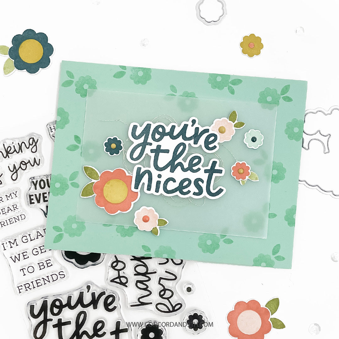 Concord & 9th Friendly Phrases Stamp Set & die (4 x 6)
