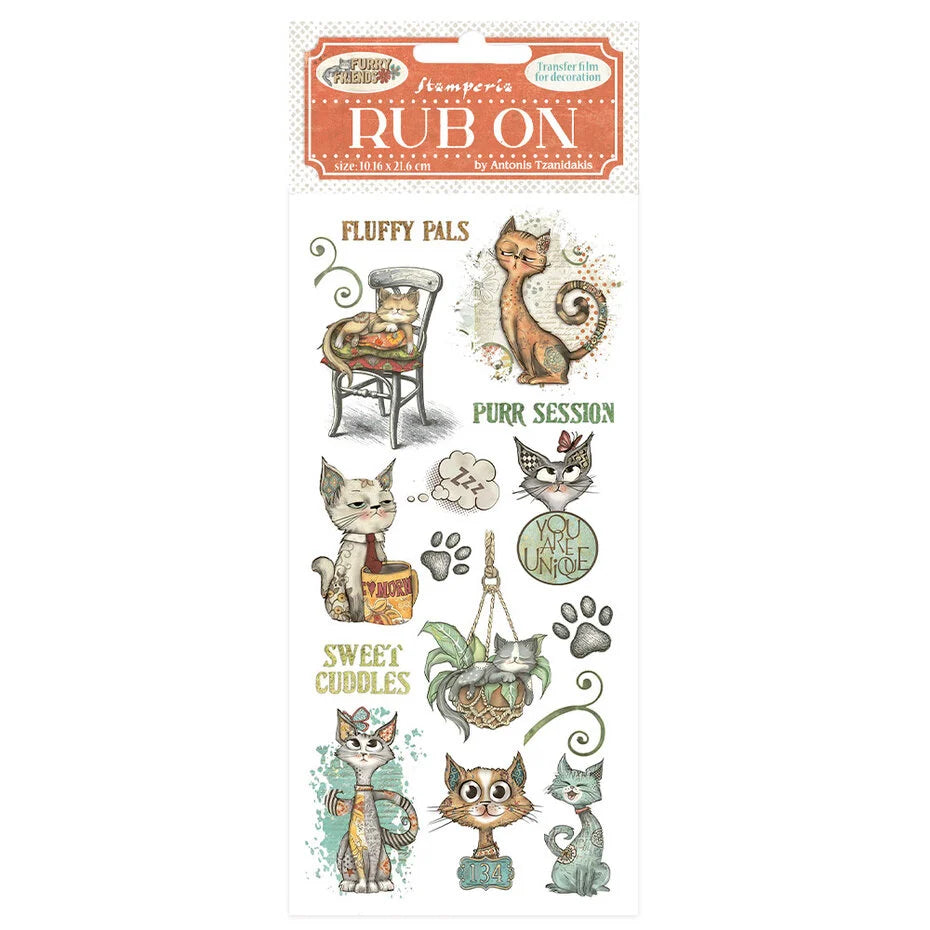 Stamperia Furry Friends Rub-On 4x8,5 Inch Cat (DFLRB197)