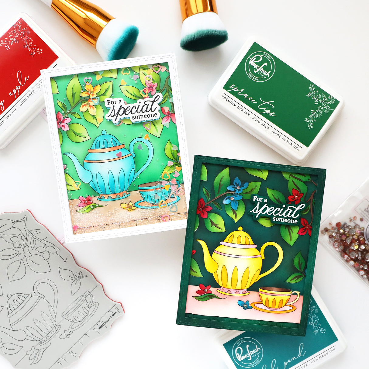 Pinkfresh Studio Bloom & Brew cling stamp / Stencil / Press plate Bundle