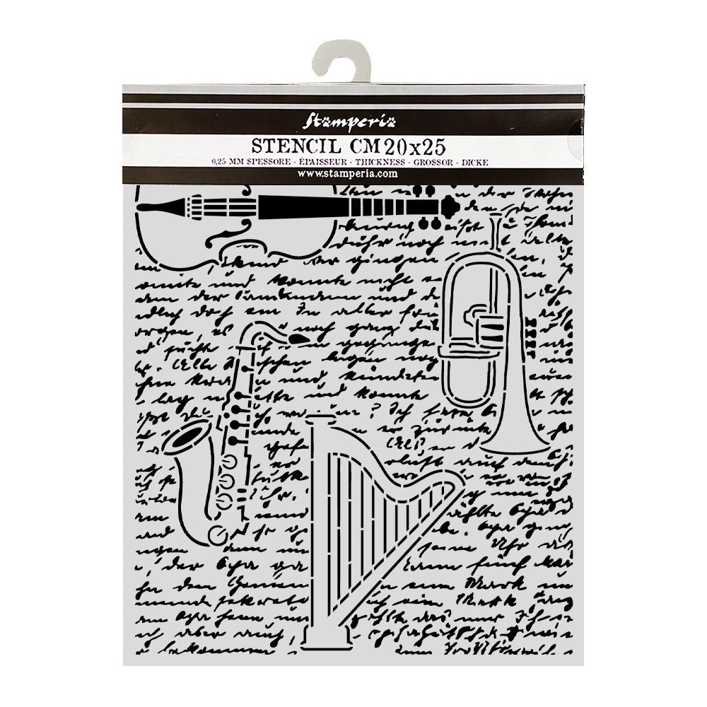 Stamperia Symphony Thick Stencils 20x25cm Violin, Trumpet, Harp by Sara Alcobendas (KSTD212)