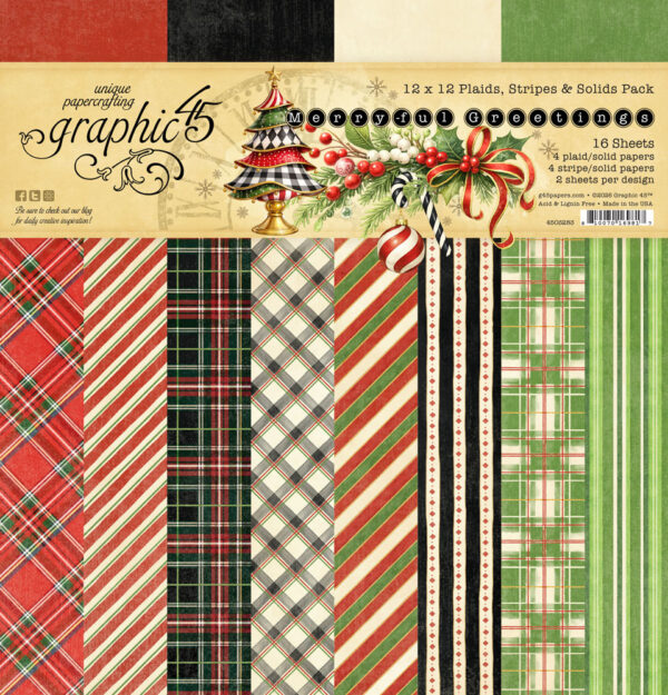 Graphic 45 Merry-ful Greetings 12×12 Plaids & Stripes Pack - 4503283