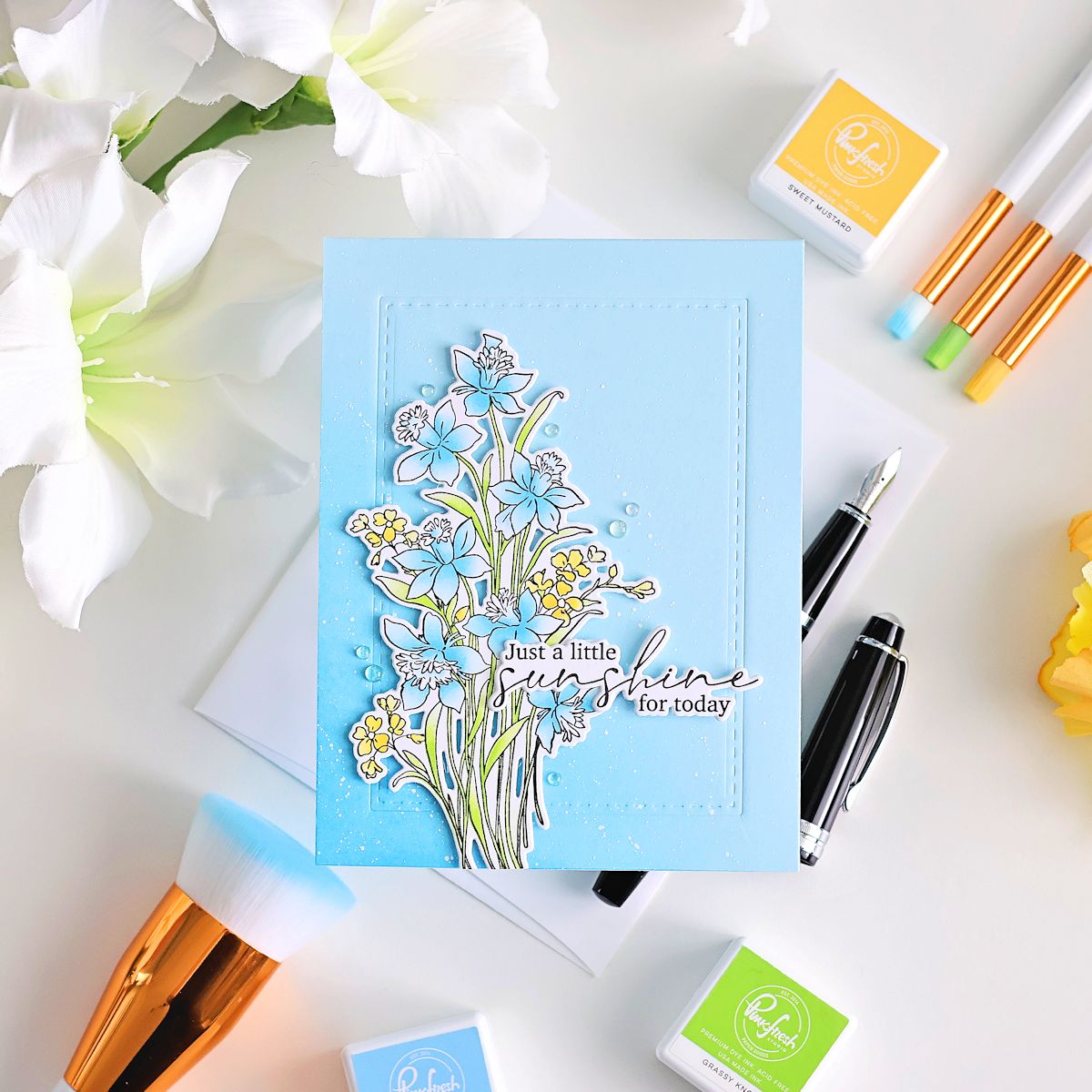 Pinkfresh Studio Whispering Daffodils stamp, die, Stencil and Washi Bundle