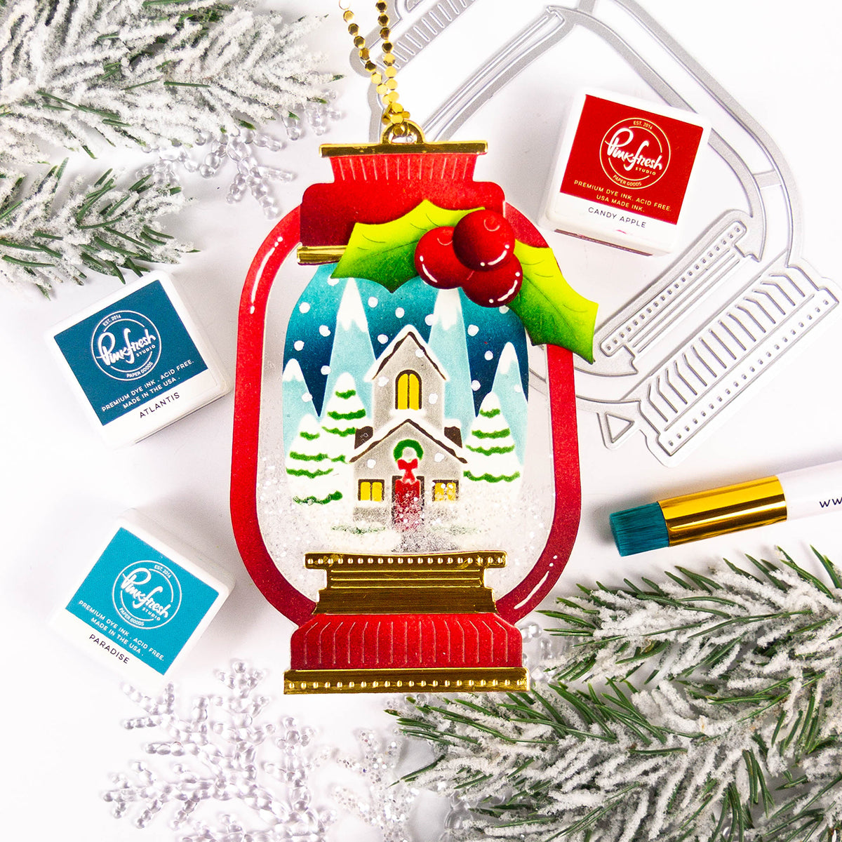 Pinkfresh Studio Lantern Landscapes: Snowy Cottage stencil