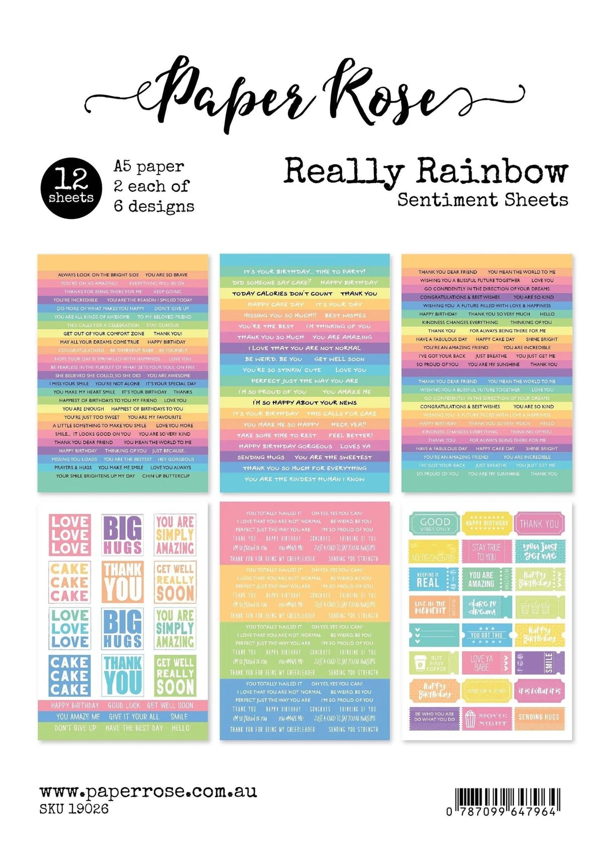 Paper Rose Studio Rainbow A5 12pc Sentiment Sheets 19026