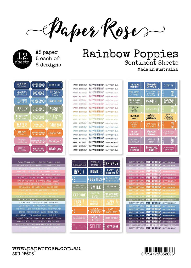 Paper Rose Studio Rainbow Poppies A5 12pc Sentiment Sheets 25603