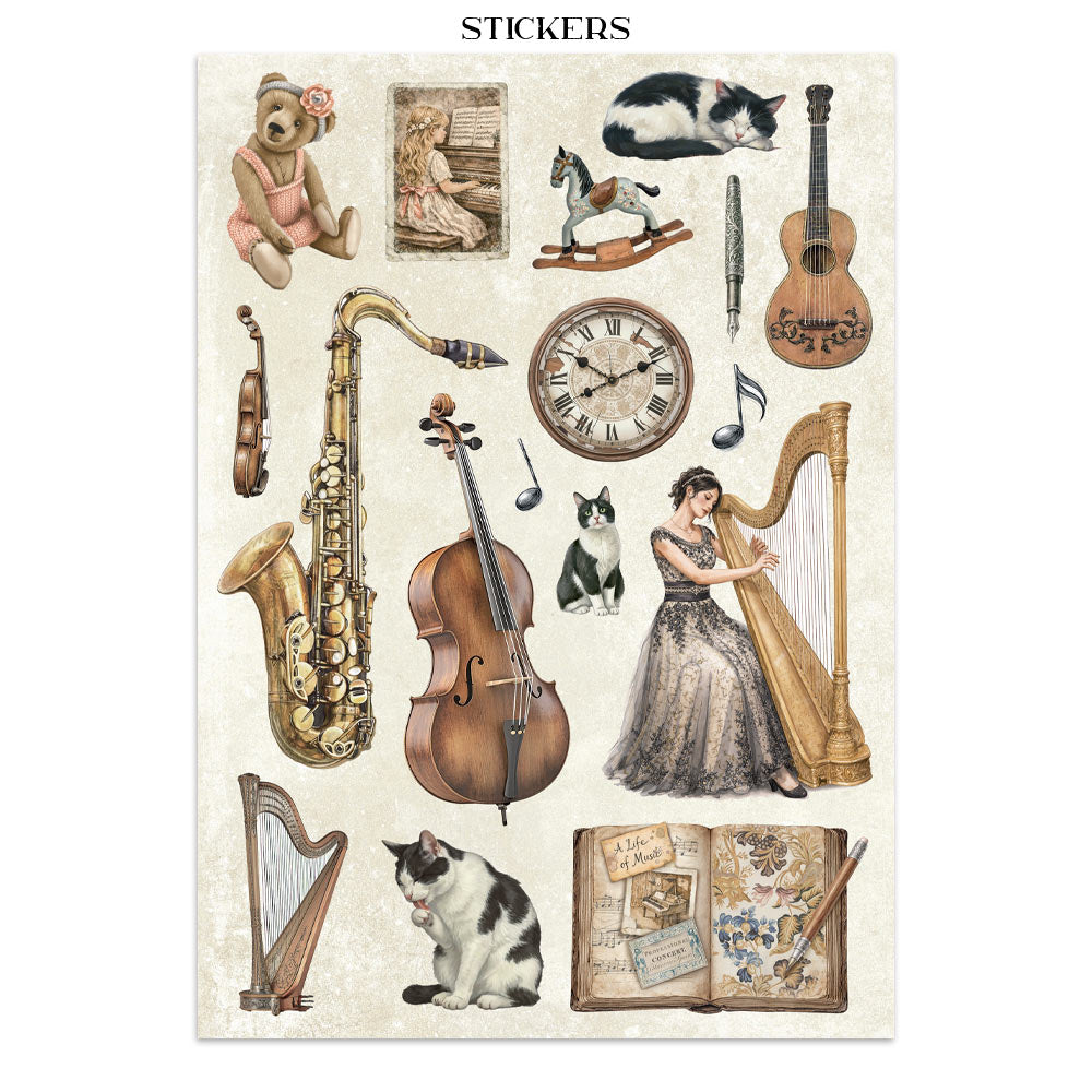 Stamperia Symphony Junk Journal Stickers, Backgrounds, Cut-Outs by Sara Alcobendas (SBJK24)