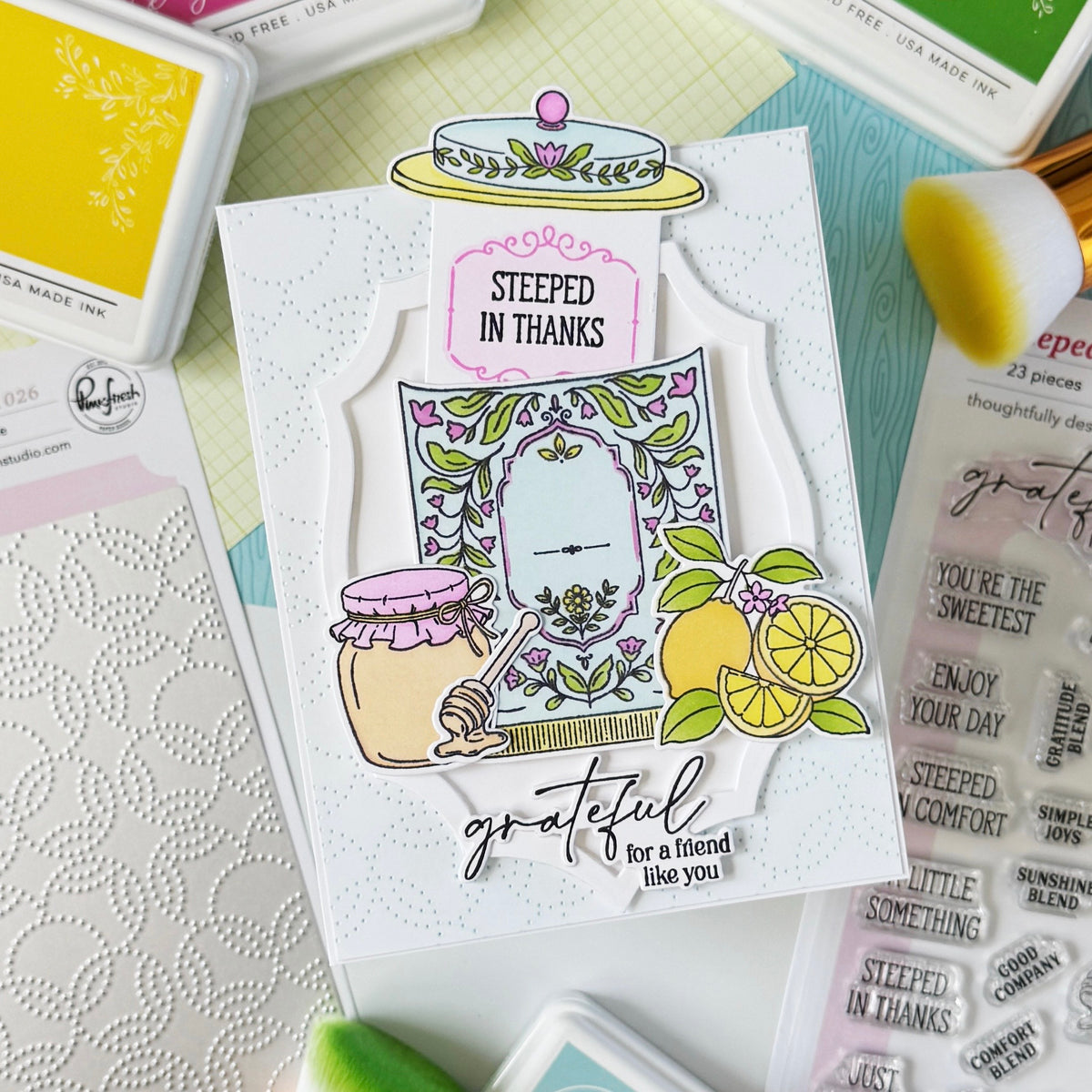 Pinkfresh Studio Steeped in Comfort stencil stamp and die