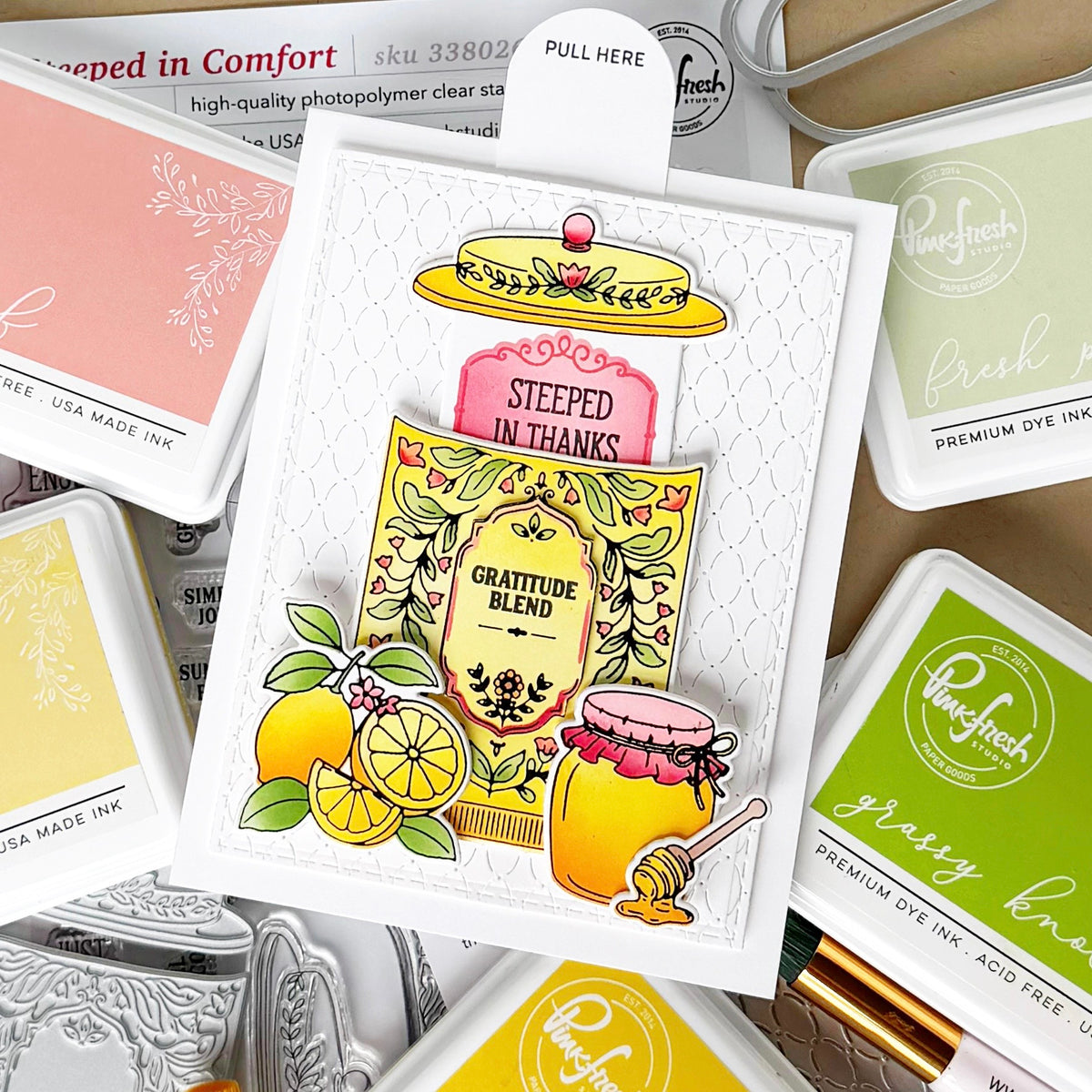 Pinkfresh Studio Steeped in Comfort stencil stamp and die