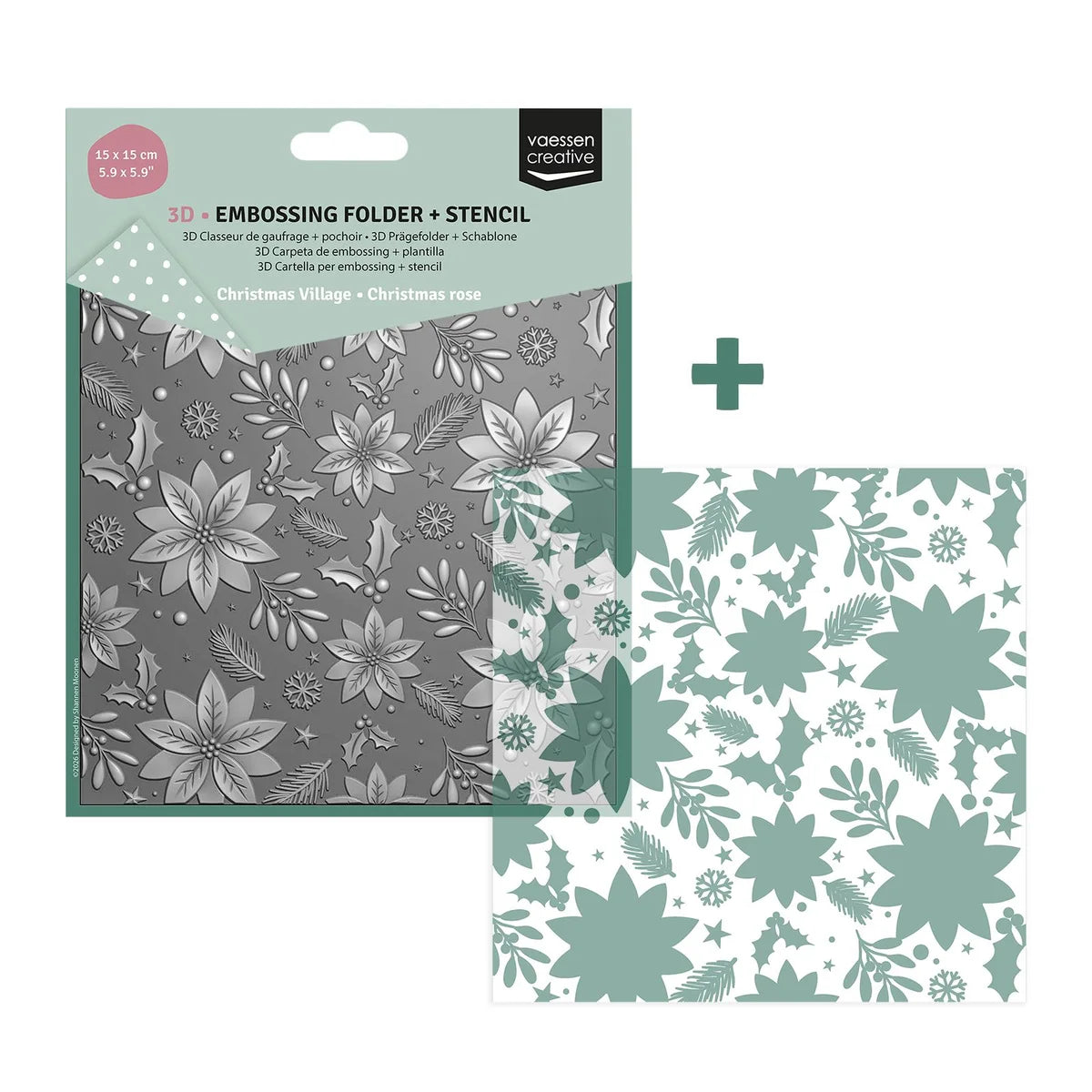 Vaessen Creative 3D Embossing Folder + Stencil Christmas Rose 5.9x5.9" - 3625-0608