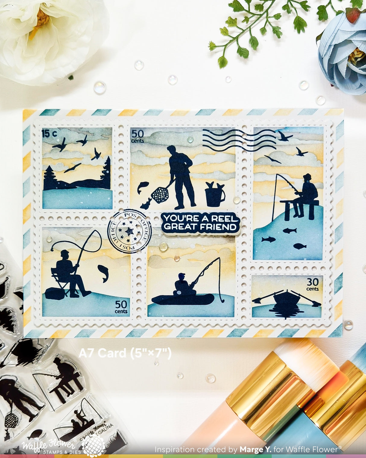 Waffle Flower Postage Collage Fishing Silhouettes Stamp Set - 422555