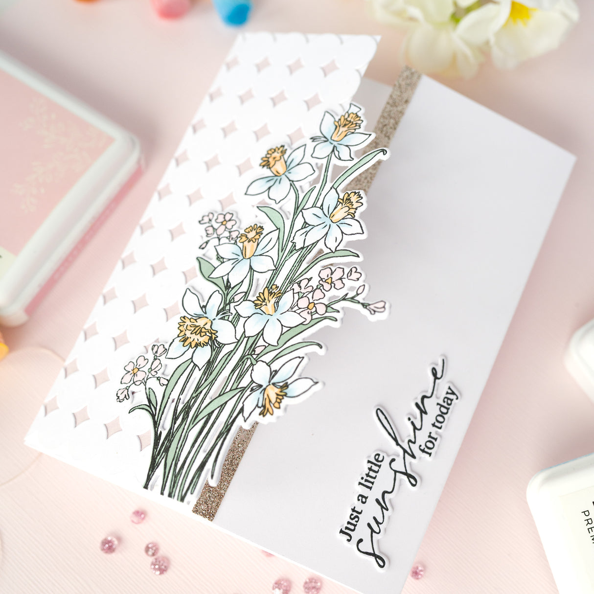 Pinkfresh Studio Whispering Daffodils stamp, die, Stencil and Washi Bundle
