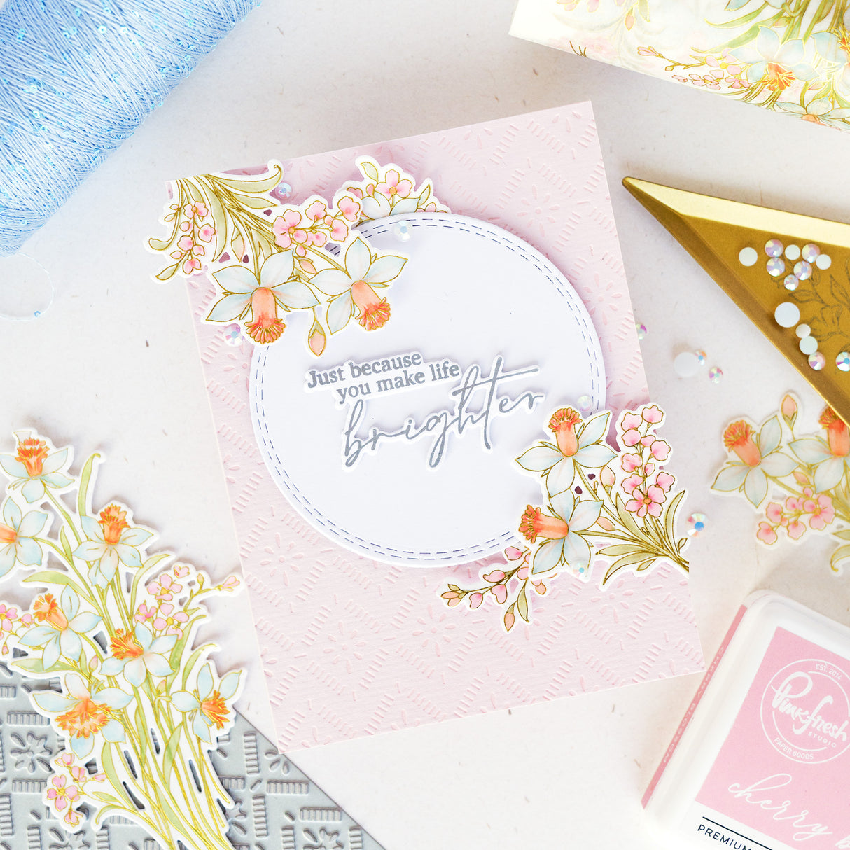 Pinkfresh Studio Whispering Daffodils stamp, die, Stencil and Washi Bundle