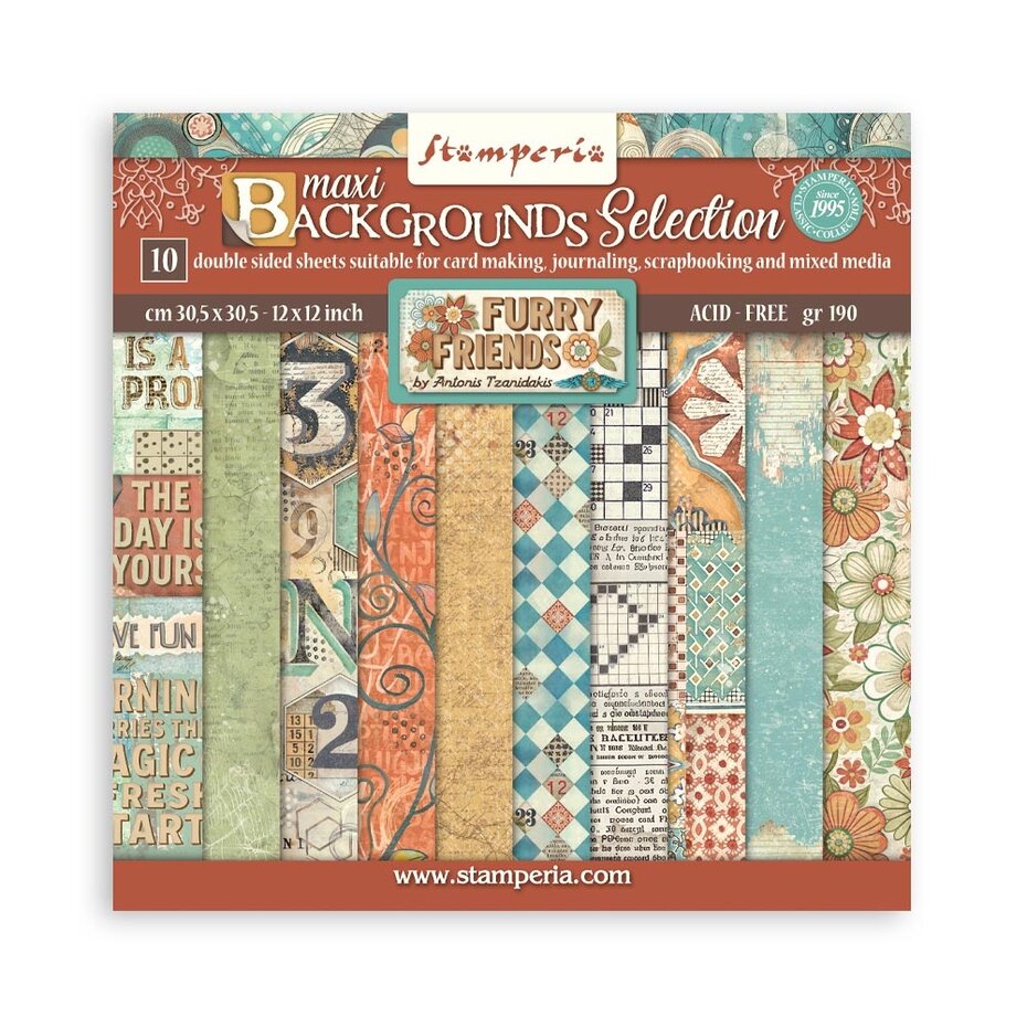 Stamperia Furry Friends Background Selection Scrapbooking Pad 12"x12" (10 Sheets) - SBBL177