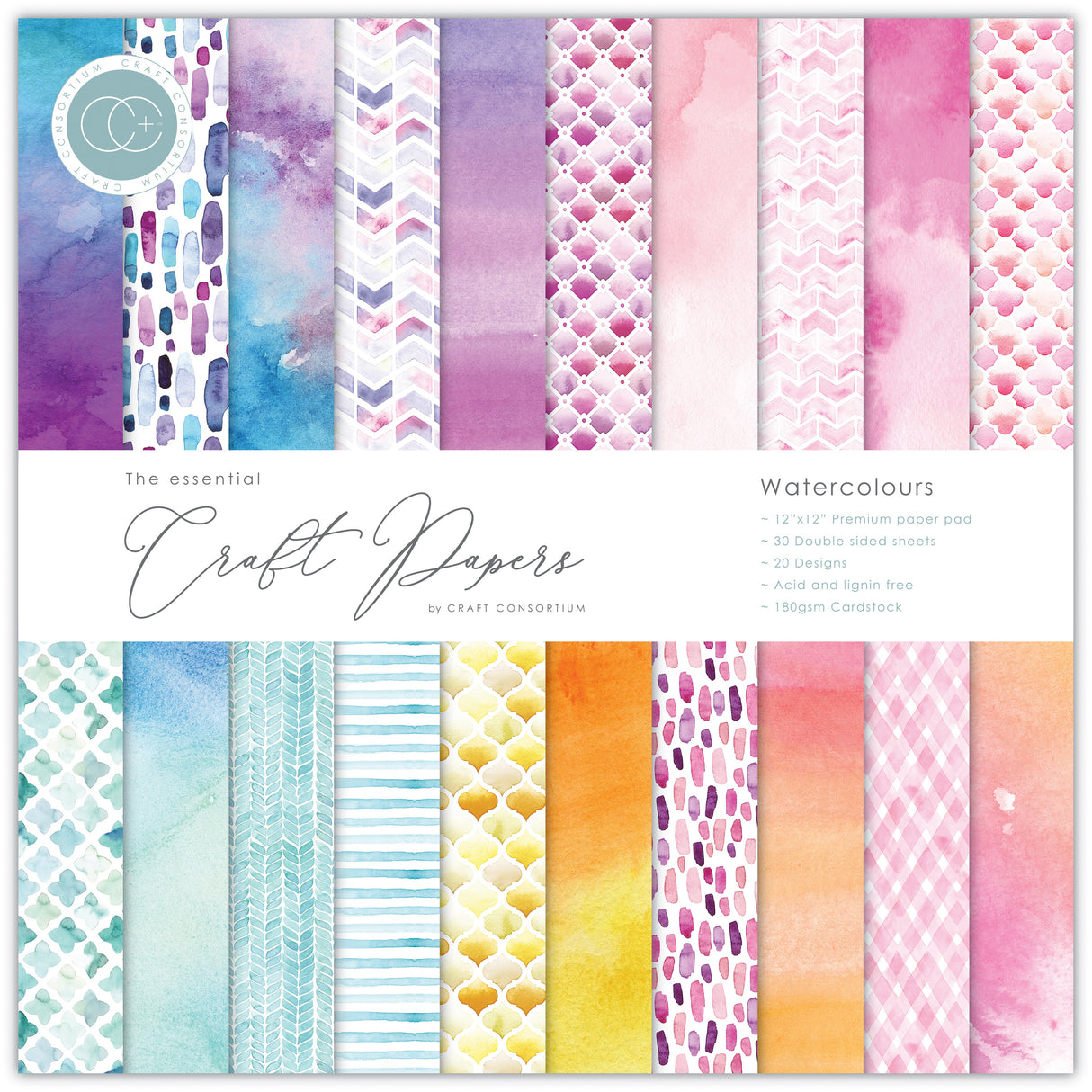 Craft Consortium Double-Sided Paper Pad 12"X12" 30/Pkg Watercolors, 20 Designs