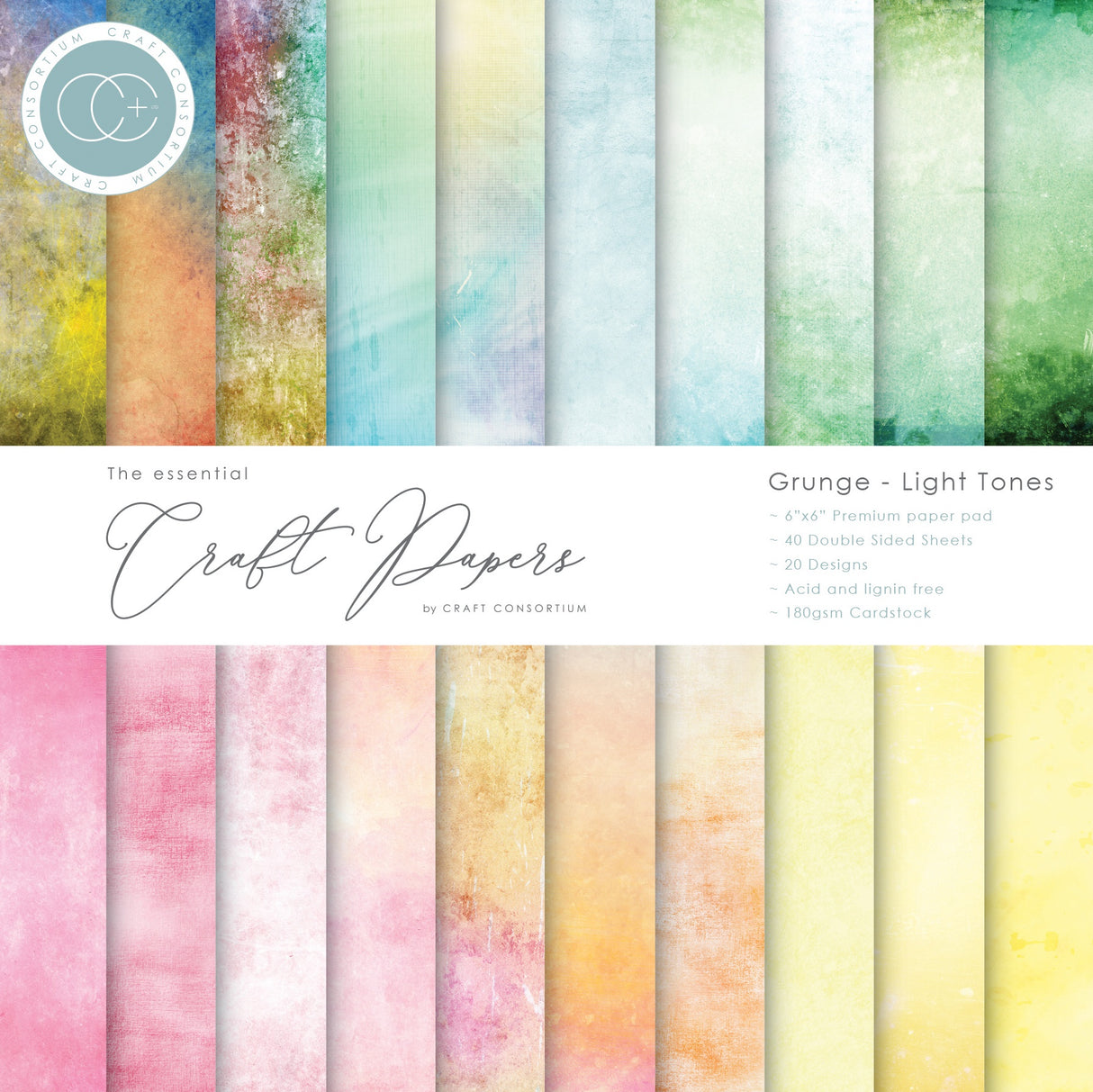 Craft Consortium Double-Sided Paper Pad 6"X6" 40/Pkg Grunge-Light Tones, 20 Designs