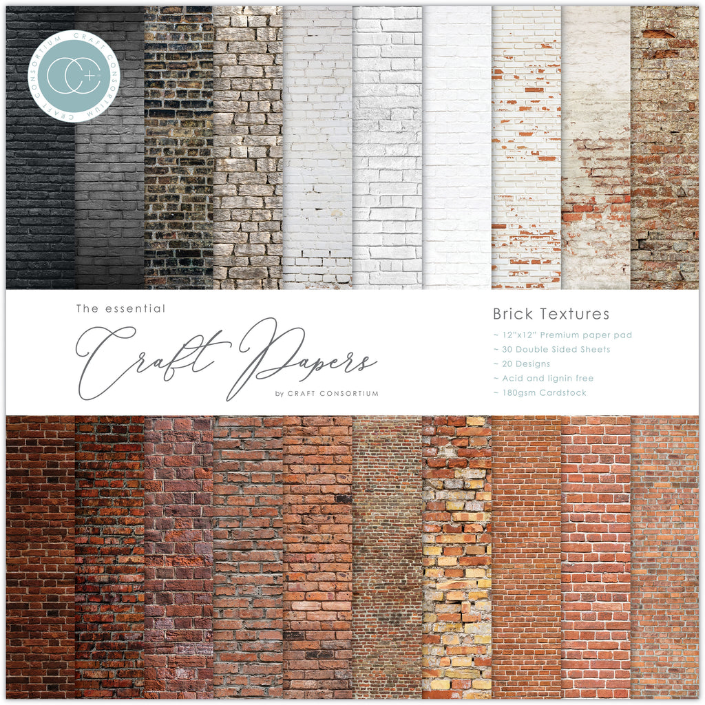 Craft Consortium Double-Sided Paper Pad 12"X12" 30/Pkg Brick Textures, 20 Designs - Auzz Trinklets N Krafts