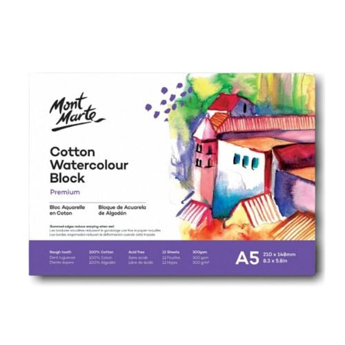 Mont Marte MM Cotton Watercolour Paper Block 300gsm A5 12 Sht