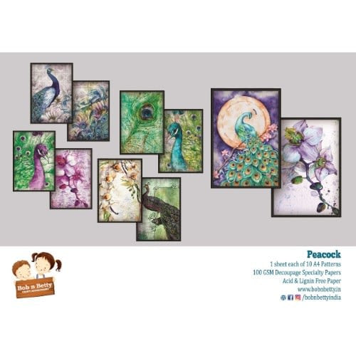 Bob N Betty Decoupage Sheets Peacock 10 A4 pattern Paper 100gsm