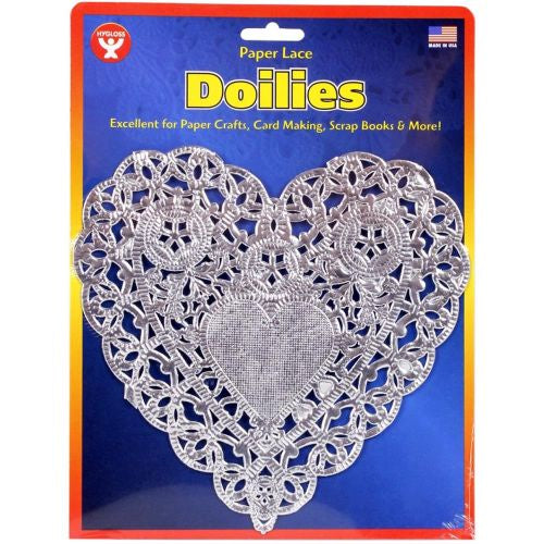 Hygloss Heart Shaped Doilies 6" 12/Pkg Silver