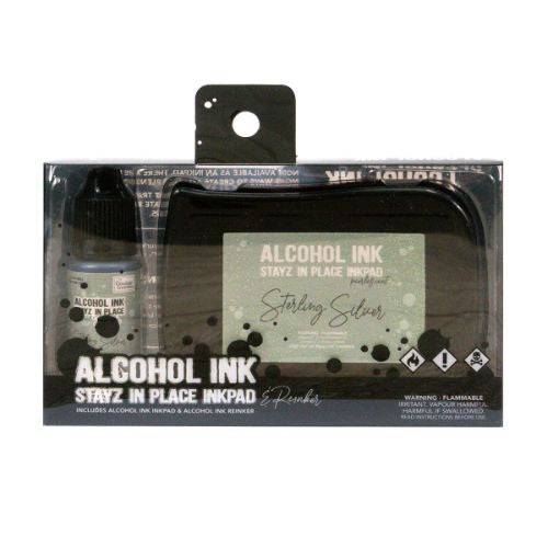 COUTURE CREATIONS STERLING SILVER PEARLISED STAYZ IN PLACE ALCOHOL INK PAD WITH 12ML REINKER