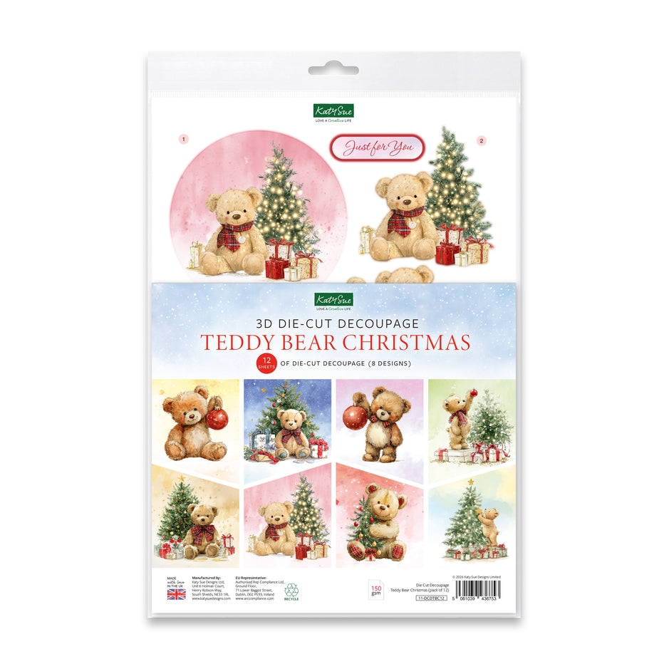 Katy Sue Designs Die Cut Decoupage – Teddy Bear Christmas (Pack of 12)